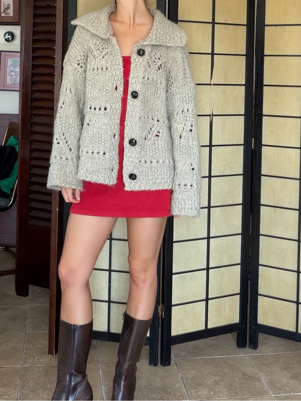 Cozy Chunky Knit Button-Front Sweater Cardigan - Cream silver grey color - Picture 2 of 9